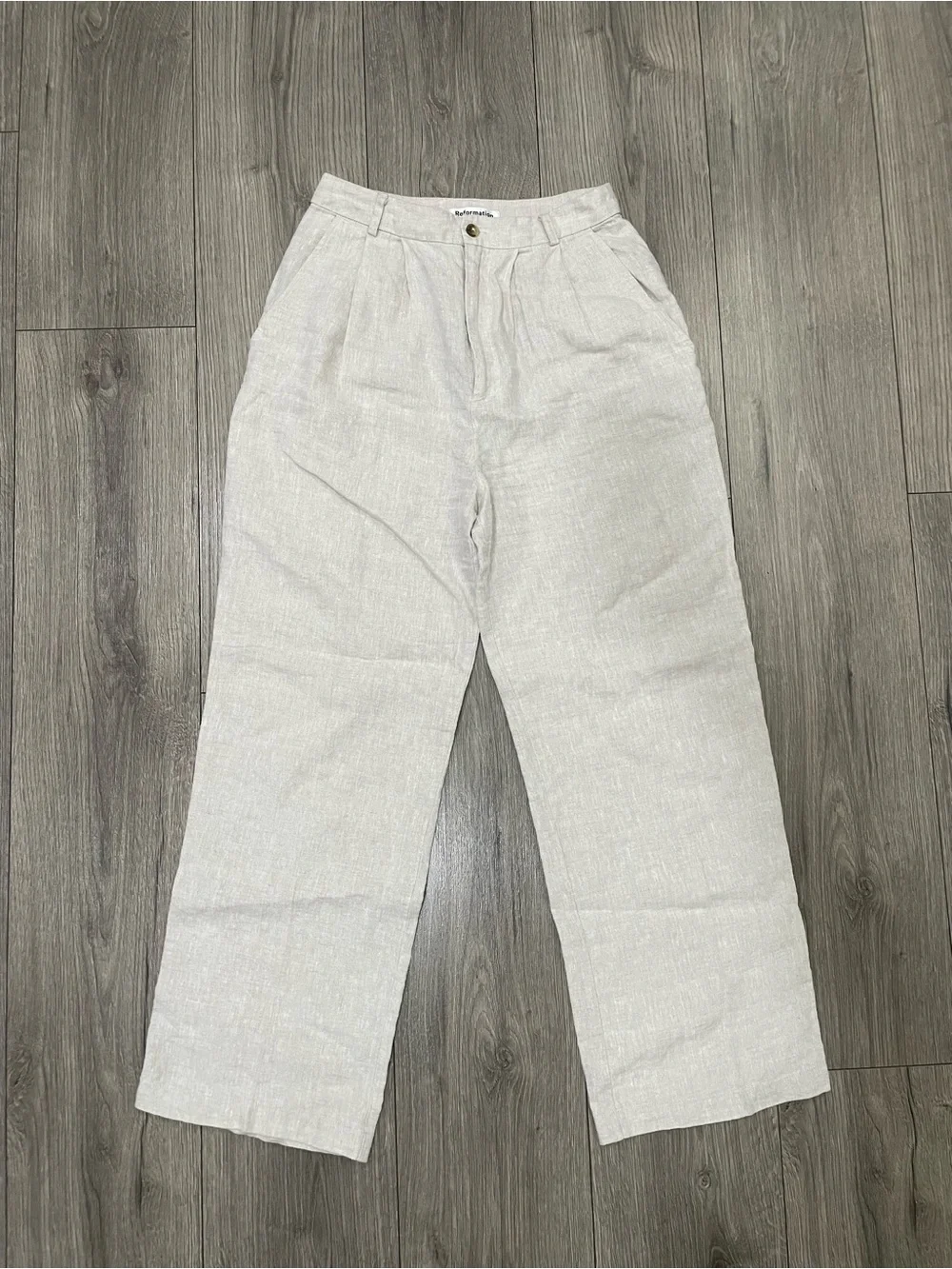 Reformation Mason 100% Linen Pants Size 4 Oatmeal High Rise Pleated Wide Leg